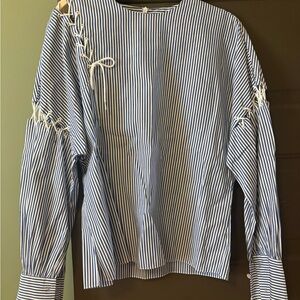 Tibi Blue and White Vertical Stripe Shell Top